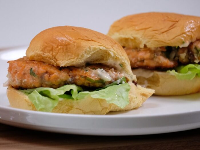 Salmon Burgers with Dill Yogurt Sauce and Oven Baked French Fries