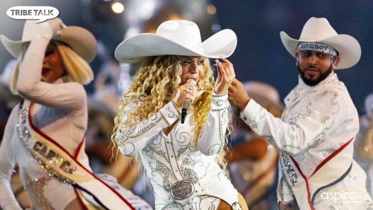 Beyonce performing at a halftime show.